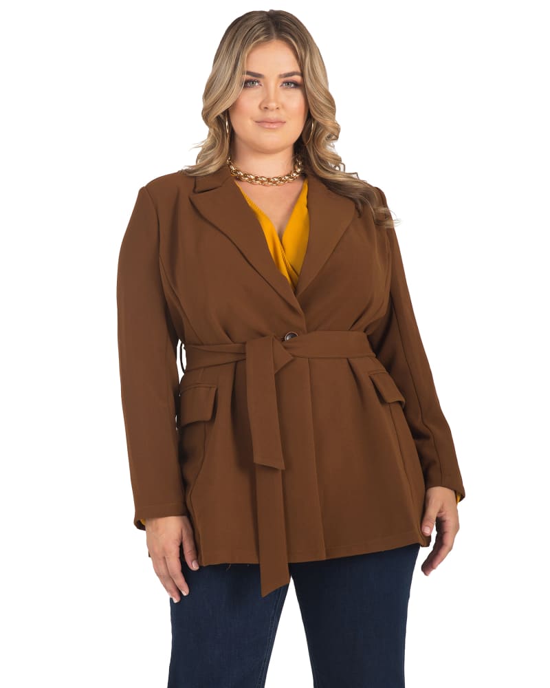 Front of a model wearing a size 1X Regina Belted Blazer in Brown by Standards & Practices. | dia_product_style_image_id:280756